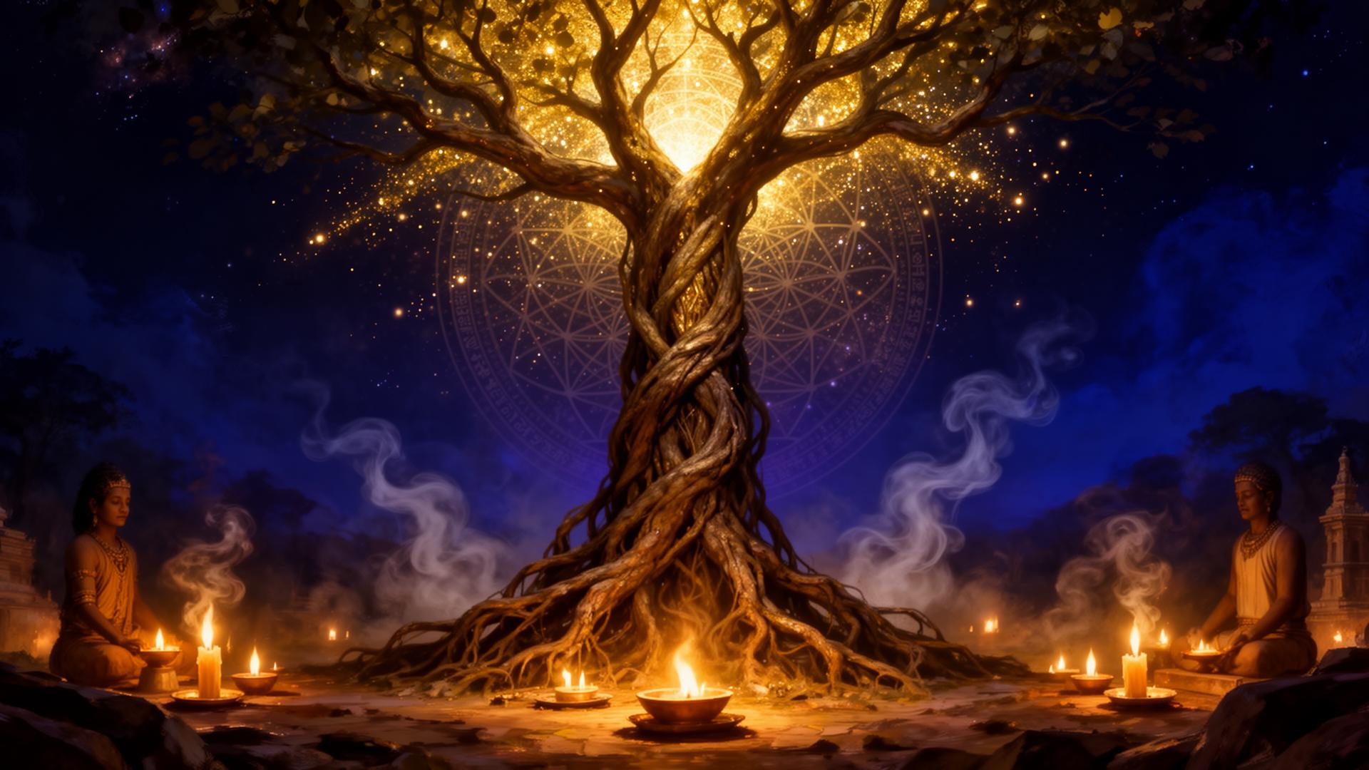 Árvore ancestral iluminada por luz dourada em ritual sagrado